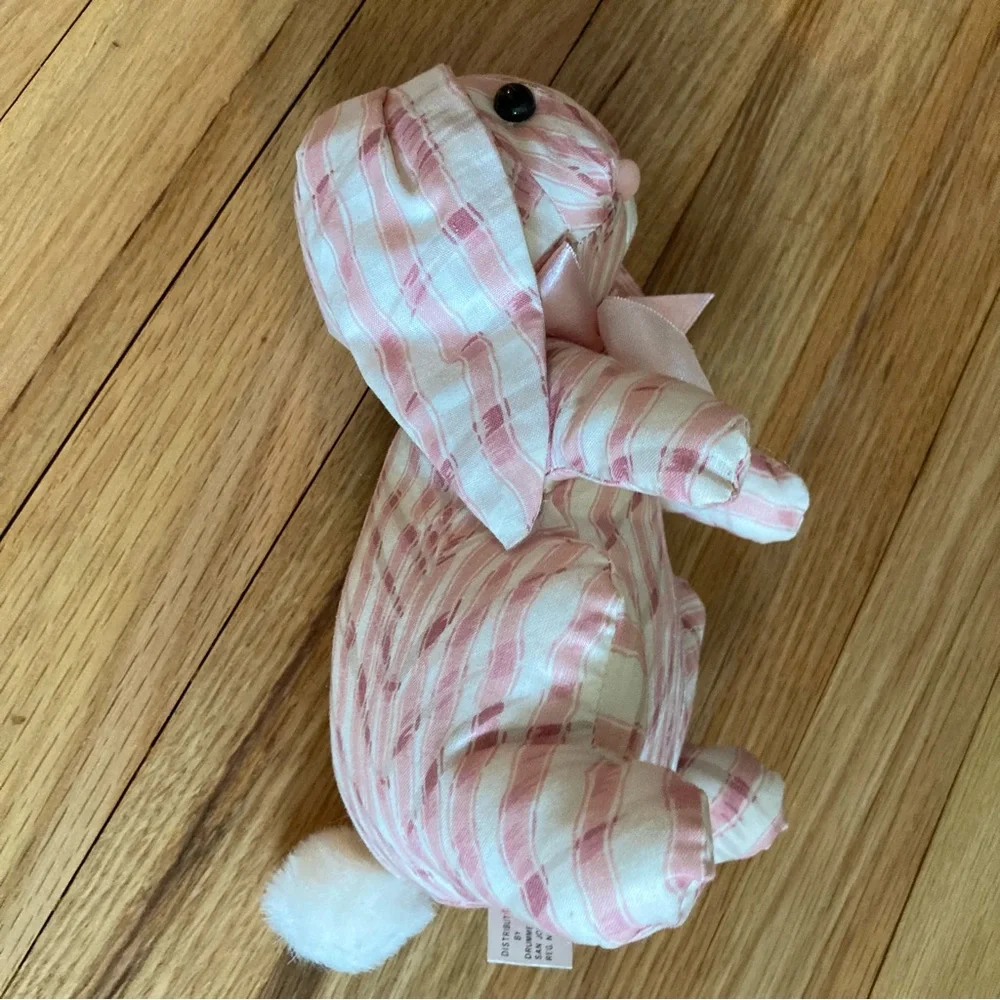 NWOT Saks Fifth Avenue Vintage Pink/White w/lt tan Striped Bunny, stuffed muslin